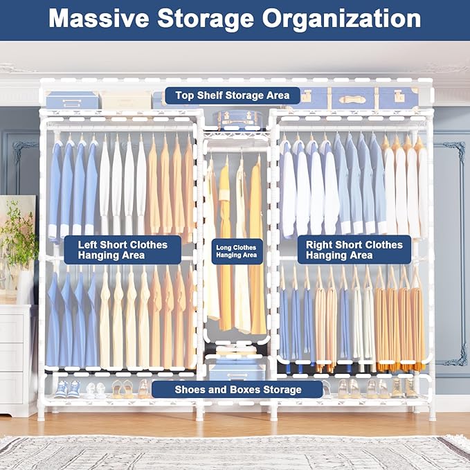 Ulif E12 Clothes Rack，Heavy Duty Freestanding Garment Rack with Shelves，Metal Clothing Closet Storage System for Hanging Clothes，71" W x 16" D x 76.5" H, Hold 960 lbs，White