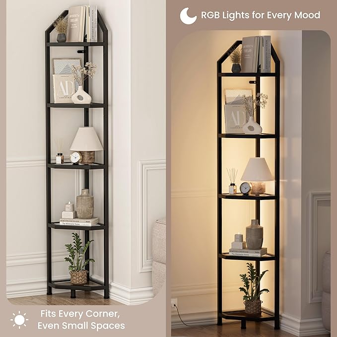 70 Inch Corner Shelf with LED Lights, 5-Tier Corner Bookshelf for Small Spaces, Glass & Metal Storage Rack for Bedroom, Living Room, Office - Modern Space Saving Design- Black