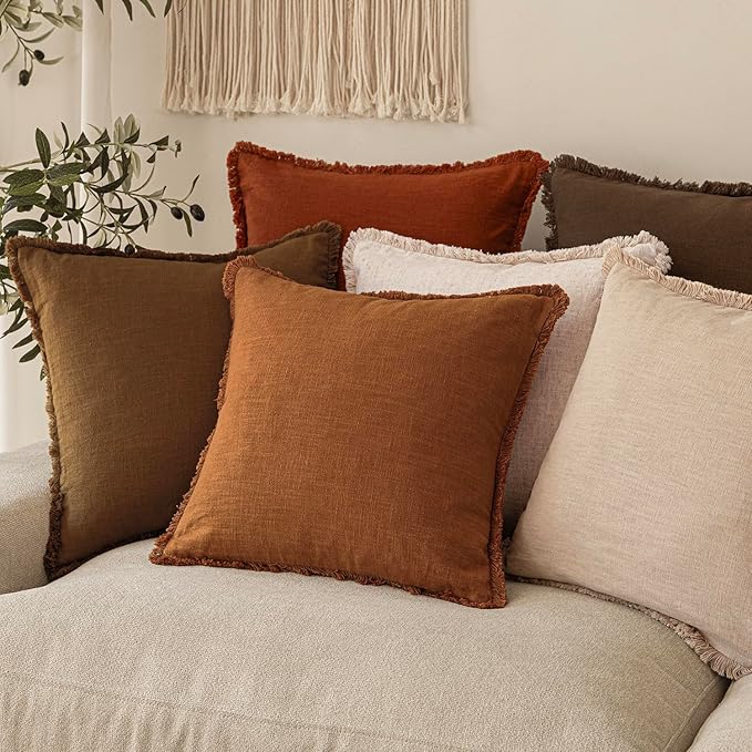 Foindtower Set of 2 Decorative Linen Fringe Throw Pillow Covers Cozy Boho Farmhouse Cushion Cover with Tassels Soft Accent Pillowcase for Couch Sofa Bed Living Room Home Decor, 18×18 Inch, Orange