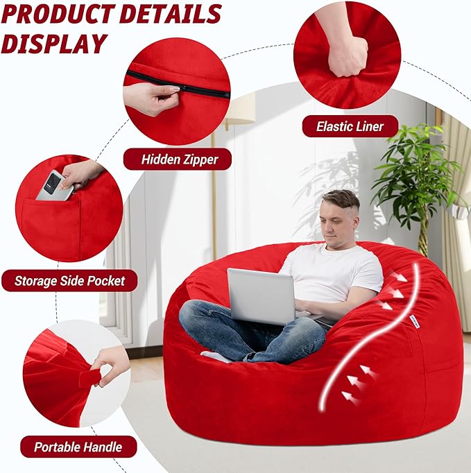 3FT Bean Bag Chair with Ultra Soft Velvet Cover Bean Bag Sofa with Memory Foam Bean Bag Chairs with Large Size Lazy Sofa for Dorm Office Living Room Bedroom Red 3'