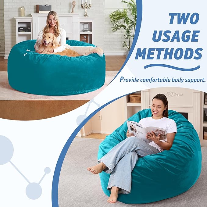 4FT Bean Bag Chair with Ultra Soft Velvet Cover Bean Bag Sofa with Memory Foam Bean Bag Chairs with Large Size Lazy Sofa for Dorm Office Living Room Bedroom Sea Blue 4'