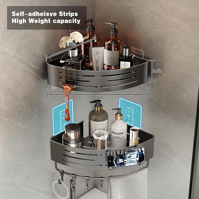 Voldra Adhesive Corner Shower Caddy, 2 Pack Corner Shower Shelves for Inside Shower No Drilling, Aluminum Stick On Showers Organizer Corner with Towel Bar & Hooks Removable Bathroom Storage Rack(Gray)