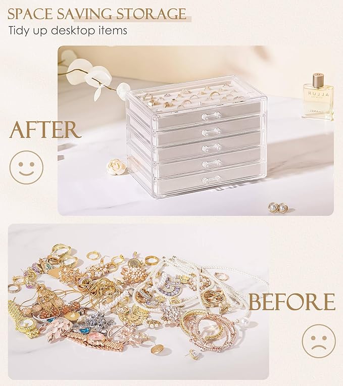 Homde Jewelry Box Acrylic for Home: Necklace Ring Organizer for Women in Vanity - Large Bracelet Earring Holder with Compartments