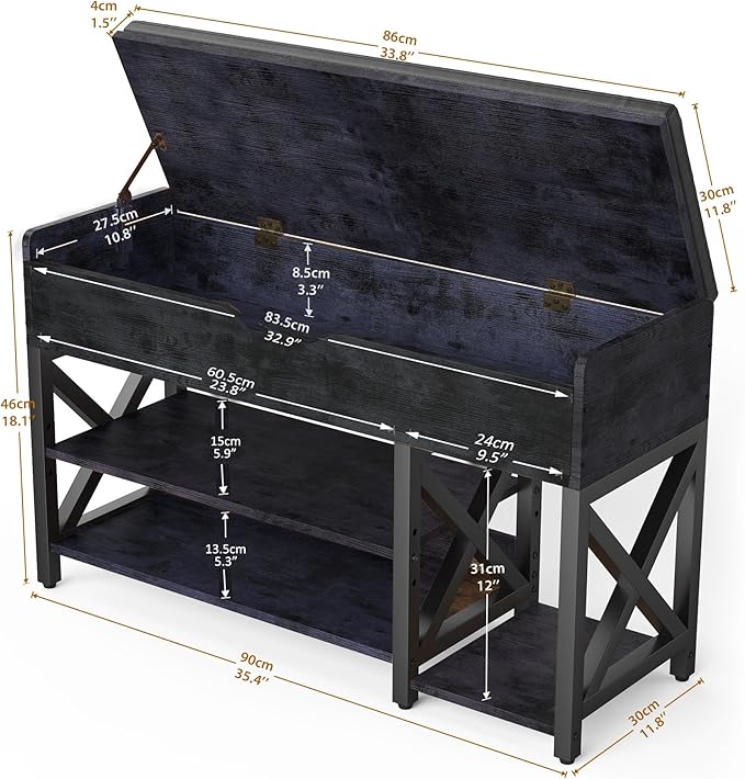Shoe Bench, Lift Top Shoe Storage Bench, Adjustable Shelf Entryway Bench with Cushion for Entry, Bedroom, Closet, Living Room, Hallway (Black, 35.5“W)