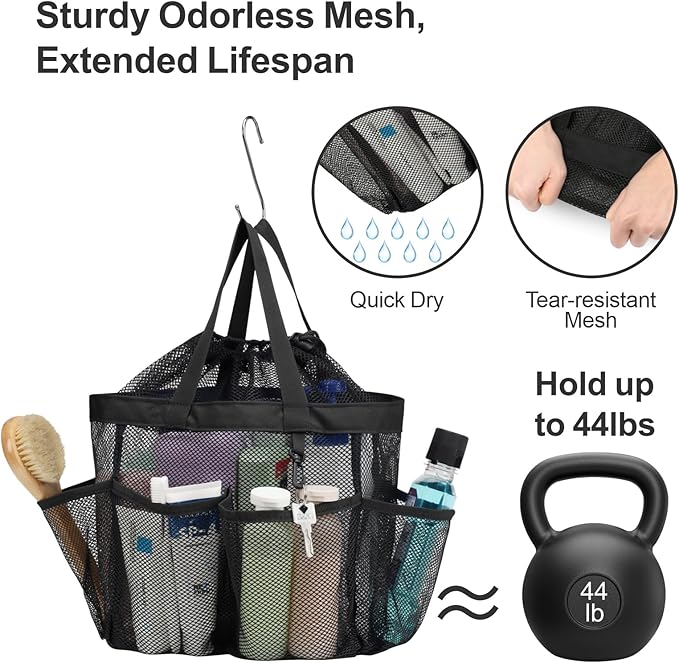 F-color Mesh Shower Caddy Portable with Drawstring - Upgrade Deeper 7 Pockets Dorm Room Essentials for Guys Girls with S Hook, Shower Bag Basket Tote for College Camping Bathroom, 2 Pack Black