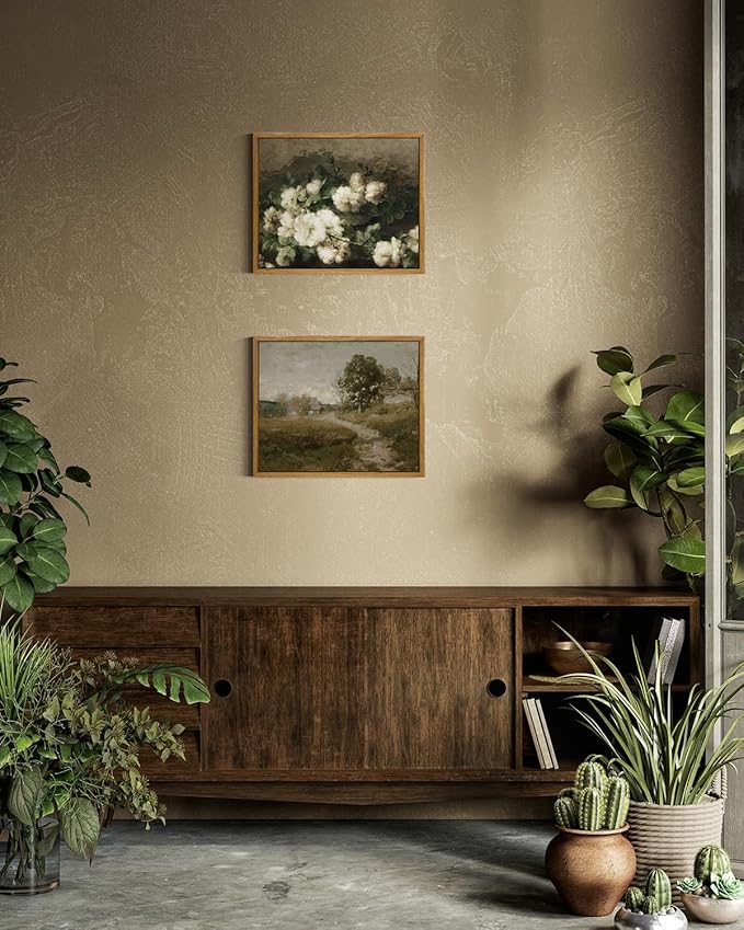 InSimSea Framed Canvas Wall Art Vintage Decor, Retro Room Decor, Rural Path Landscape Wall Paintings, Farmhouse Wall Art for Living Room, Vintage Countryside Pictures for Bathroom Wall Decor, 9"x11"