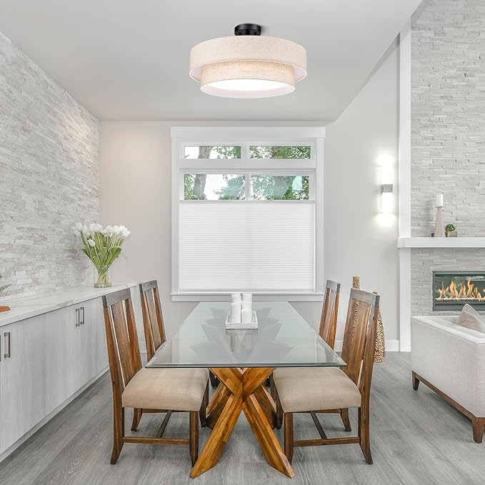 Hamilyeah 20 Inch Semi Flush Mount Round Ceiling Light Fixture, 48W LED With Fabric Shade, Dimmable Drum Double Layer 5CCT for Living Room, Office