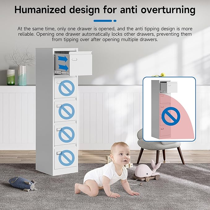 5 Drawer File Cabinet with Lock Metal Vertical File Cabinet Office Home Vertical File Cabinet for A4 Legal/Letter Size Narrow File Cabinet Locked,Assembly Required (White, 5 Drawers-Vertical)