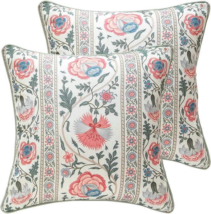 Design Square Retro Elegance Linen Throw Pillow Covers 18"x18" Pack of 2, Green Pink Floral Pattern Cushion Covers Decor Pillowcases for Bed,Living Room,Outdoor,Car