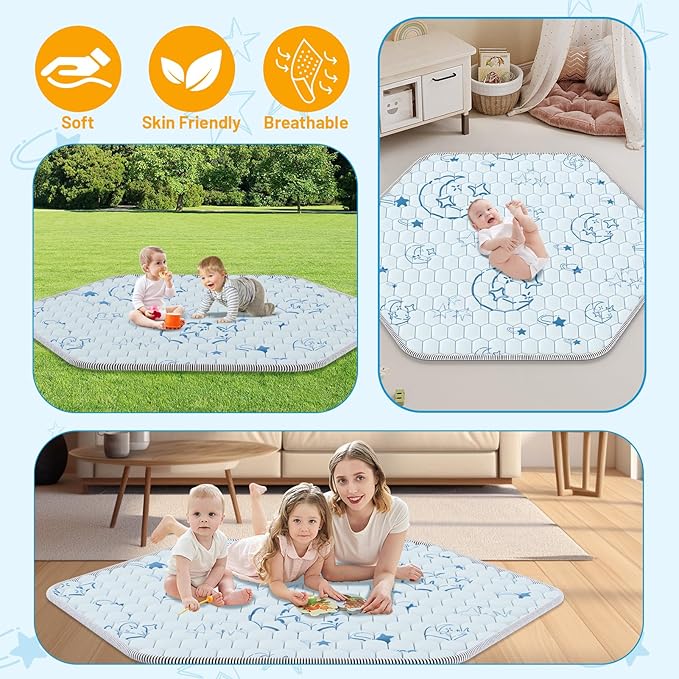 Hexagon Baby Play Mat 59x48 inches: Thick & Soft 6 Panel Playpen Mattress for Babies Toddlers Infant - Non-Slip Silicon Dot Crawling Mats - Foldable & Machine Washable Large Floor Playmats