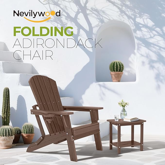 nevilywood Folding Adirondack Chair with Cup Holder, HDPE Patio Chairs, All-Weather Outdoor Chairs for Backyard, Deck, Fire Pit-Coffee