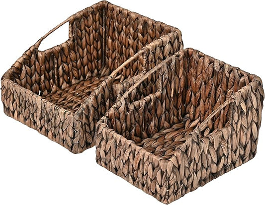 happimess BSK1007B-2SET Havanah Southwestern Handwoven Hyacinth Slanted Pantry Wicker Storage Baskets with Handles, Brown (Set of 2), Seagrass Containers for Decoration in Living Room, Bedroom