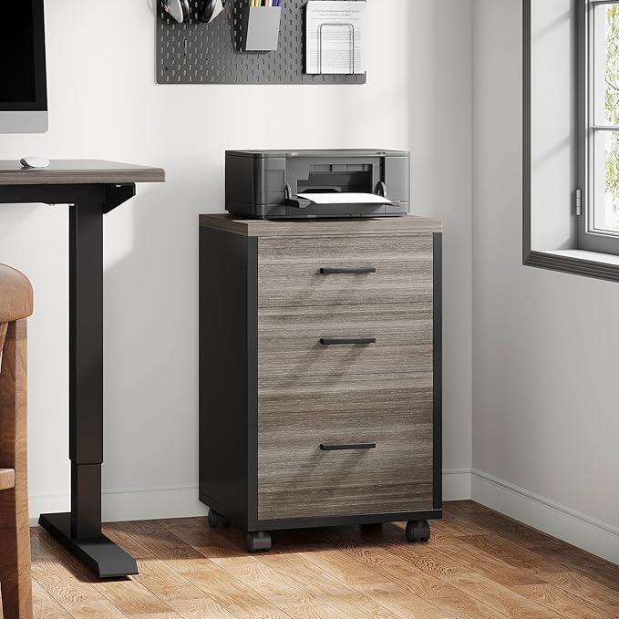 Triebsigns 3 Drawer File Cabinet, Wooden Office Filing Cabinet, Modern Rolling Printer Stand for Home Office, fits A4 or Letter Size, Under Desk (Grey)