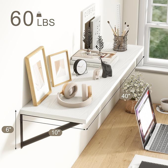 Fun Memories 40 Inch Floating Shelves, 10 Inch Deep Wall Shelf, 40 x 10 Floating Shelf Set of 2, White Wood Floating Shelf Wall Mounted, Large Kitchen Living Room Bedroom Storage Shelves