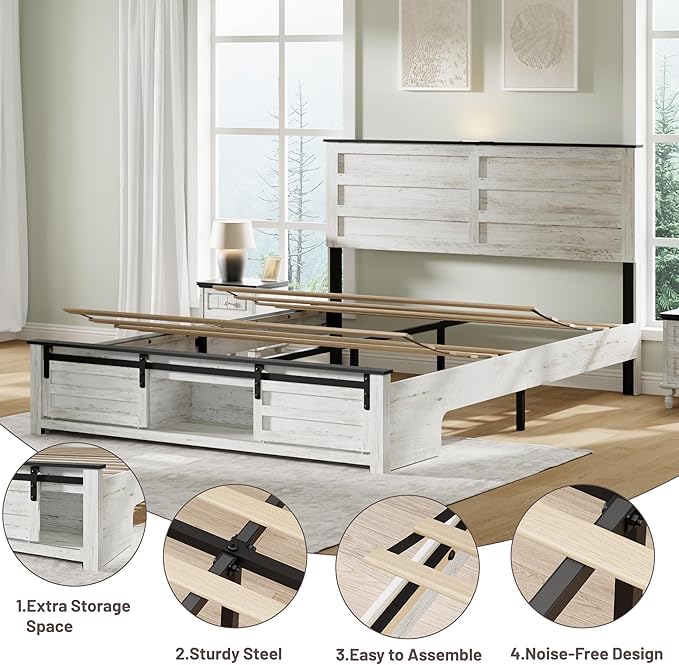 Queen Size Bed Frame with Wood Headboard, Wooden Platform Bedframe with Sliding Barn Door Footboard and Charging Station Easy Assembly, No Box Spring Needed (Boho White, Queen)