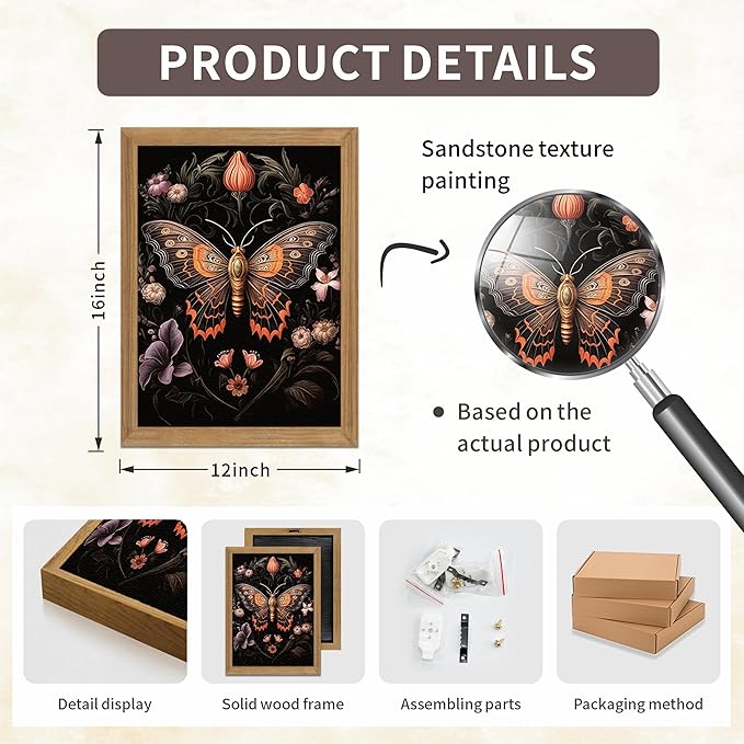 Framed Vintage 3D Textured Wall Art - Gothic Butterfly Wall Decor - Hand Drawn Sandstone Nature Botanical Pictures for Living Room Bedroom Home Decor 12x16in