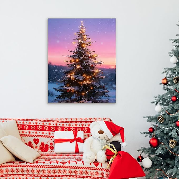 Framed Christmas Pictures Wall Decor,Vintage Pine Tree Prints,Winter Christmas Canvas Wall Art Decoration for Bedroom Bathroom Living Room Rustic Xmas Holiday Gifts (Christmas Tree 12, 16'' X 20'')