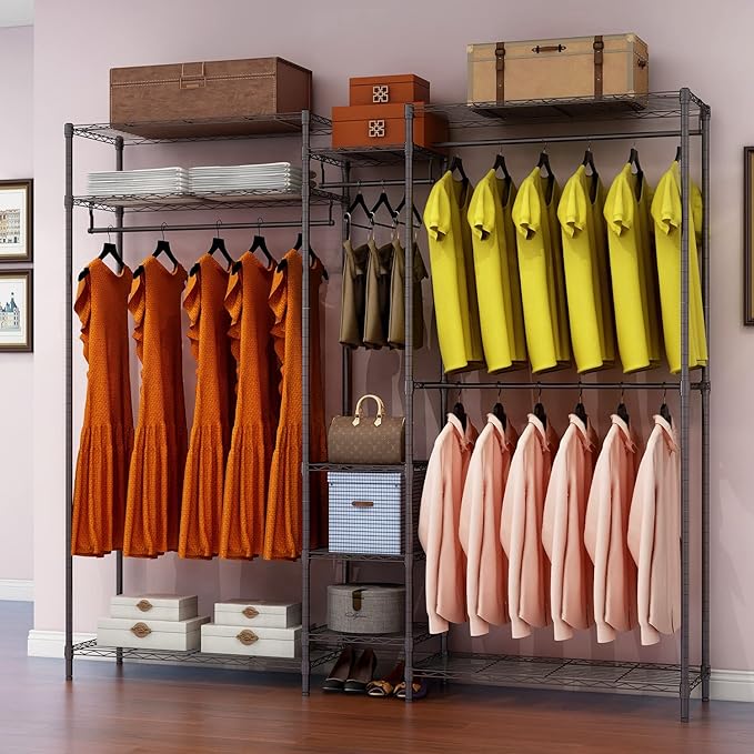 XIOFIO Heavy Duty Wire Garment Rack, Metal Clothing Rack with 4 Hanging Rods and 9 Shelves, Freestanding Open Wardrobe Organizer for Hanging Clothes , 68.5"L x 16.5"W x 76.7"H Max Load 800LBS, Black