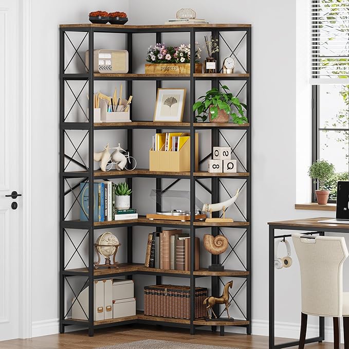 7-Shelf Reversible Corner Bookshelf, Modern Industrial Tall Bookcase, 7-Tier Large L-Shaped Storage Shelf Display Rack with Metal Frame for Living Room, Home Office, Bedroom, Rustic Brown