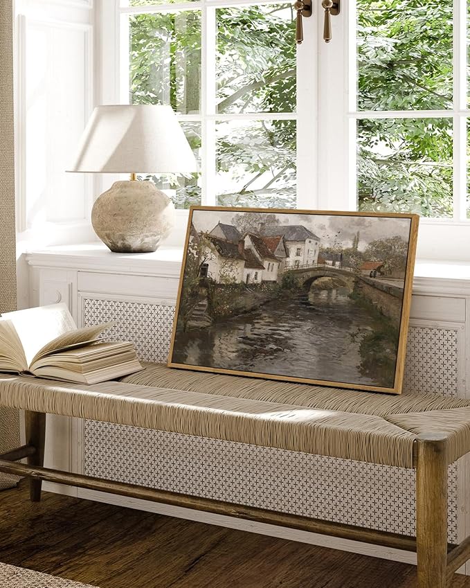 InSimSea Framed Canvas Wall Art Vintage Decor, Landscape Wall Art, Riverside Small Town Large Canvas Prints Home Decor, Rustic Farmhouse Wall Decor for Bedroom Living Room, 16"x24"