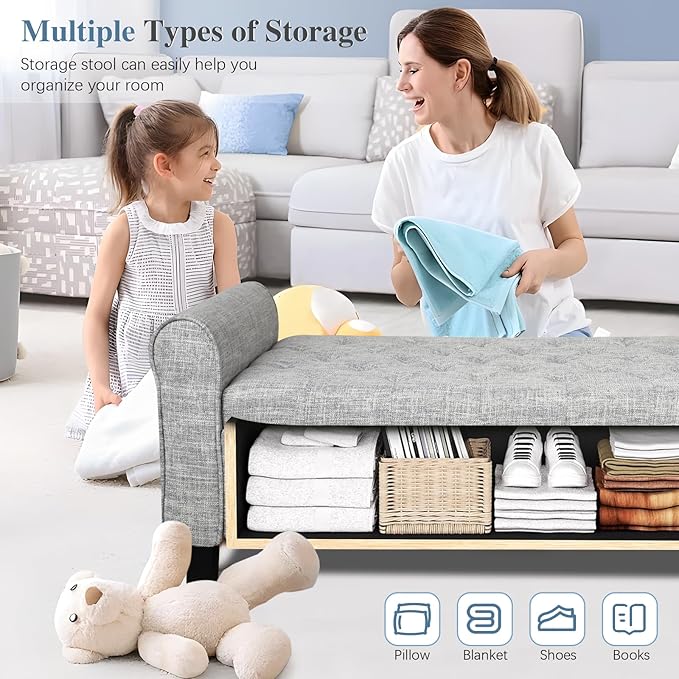 Storage Ottoman Bench with Arms, End of Bed Bench for Bedroom, Button Tufted for Entryway, Living Room,Hallway (Light Grey)