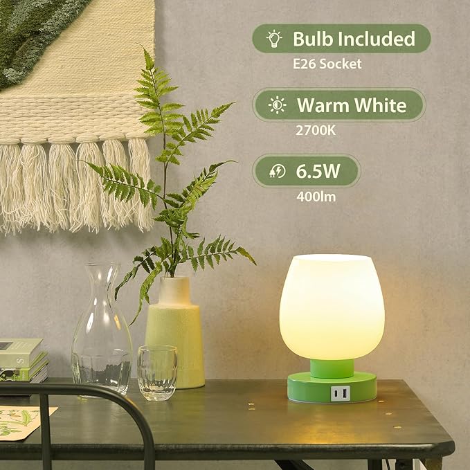 Touch Bedside Table Lamp with USB Charging - Modern Green Small Lamp for Bedroom Living Room Nightstand, Desk lamp with Glass Lamp Shade, Warm LED Bulb Included, 3 Way Dimmable, Simple Design