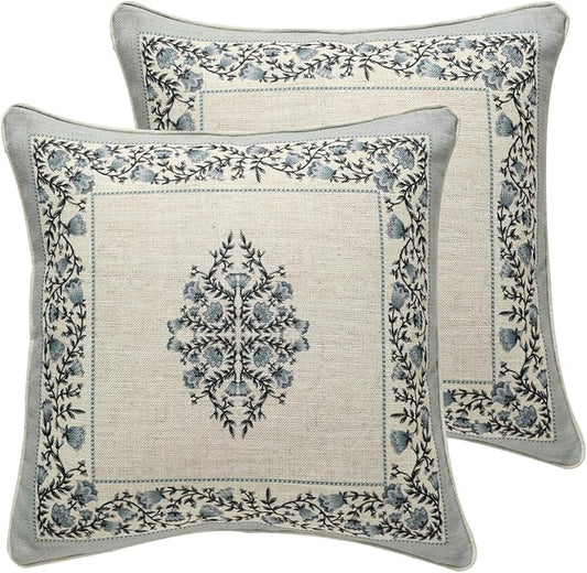 Design Linen Square Throw Pillow Covers 18"x18" Pack of 2, Cottage Farmhouse Cushion Covers with Blue Grey Thorn Vine Pattern Decoration Pillowcases for Bed, Living Room, Outdoor, Car