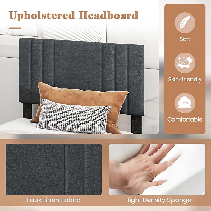 Giantex Twin Bed Frames with Headboard, Modern Upholstered Platform Bed Frame with Vertical Channel Tufted Headboard, Wooden Slats Support, No Box Spring Needed, Gray