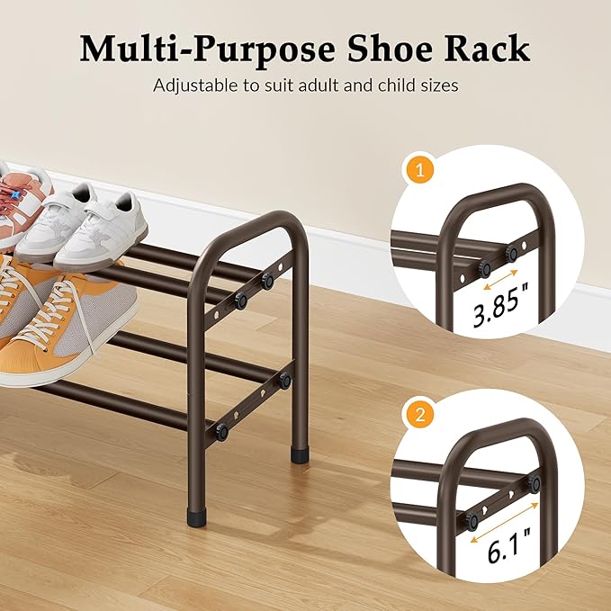 2 Tier Shoe Organizer, Shoe Rack for Closet, 28“ Metal Shelf Can Expandable to 42“, for Bedroom, Entryway, Closet, Garage, Adjustable to 12 Pairs Shoes, Rustic Brown