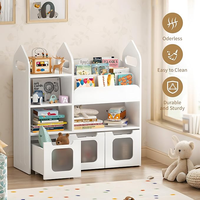 Toy Storage Organizer with 3 Movable Drawers and 3 Storage Cubby, 33.5" H Kids Bookshelf and Toy Storage，Book Shelf for Kids Room, Nursery, Playroom, Bedroom, White