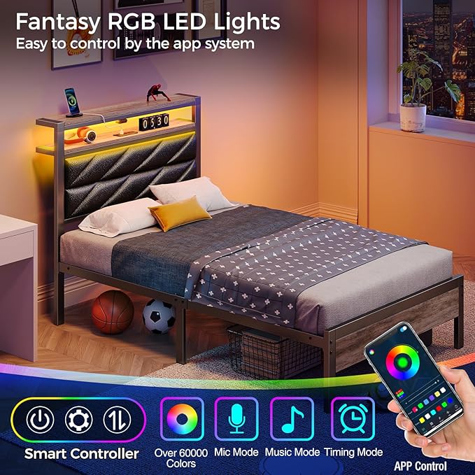 Seventable Bed Frame Twin Size with Charging Station, LED Bed with Upholstered Storage Headboard, Metal Platform Bed with Under Bed Storage, No Box Spring Needed, Noise Free, Easy Assembly, Black