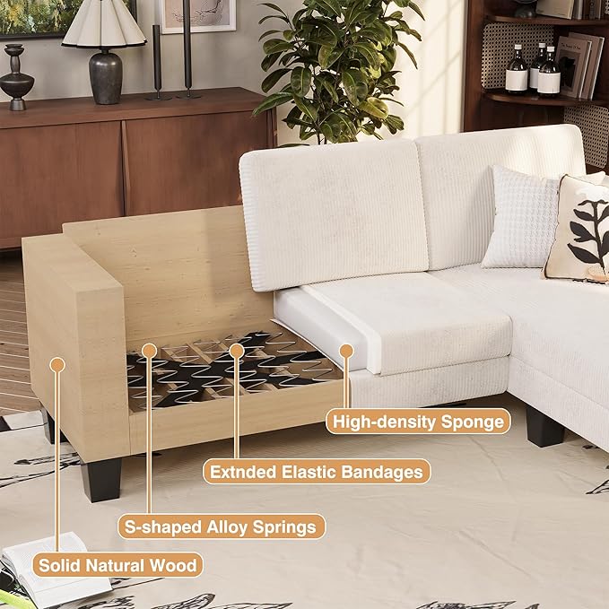 VICTONE Convertible Sectional Sofa Couch, 3 Seat L-Shaped Sofa with Linen Fabric Ottoman Small Couch for Small Apartments, Living Room and Office (Corduroy, Cream)