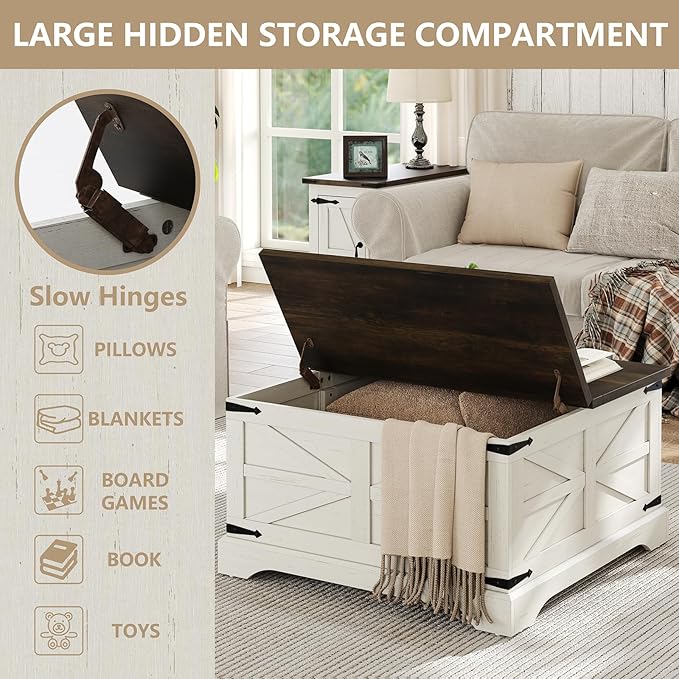 Furnideco Farmhouse Lift Top Coffee Table, Square Wood Center Table with Large Hidden Storage Compartment for Living Room, Rustic Cocktail White Modern Table with Hinged Lift Top, Brown Top