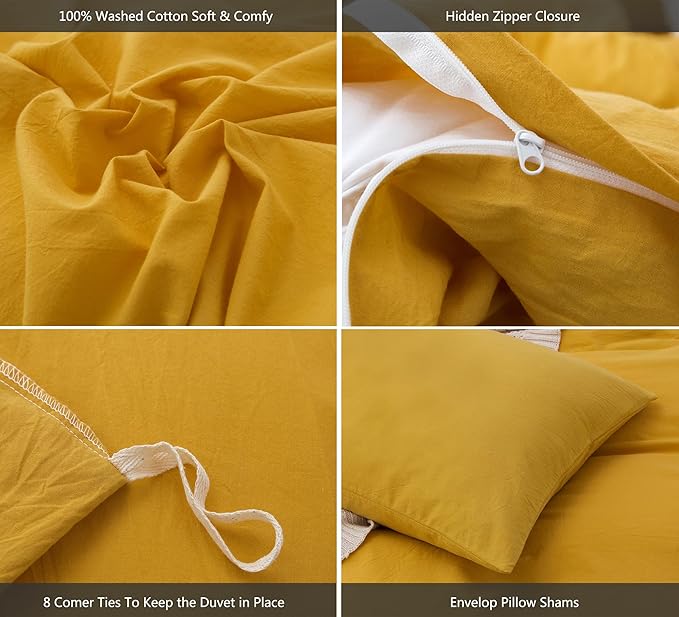 MooMee Bedding Duvet Cover Set 100% Washed Cotton Linen Like Textured Breathable Durable Soft Comfy (Solid Yellow, Twin 68"x90")