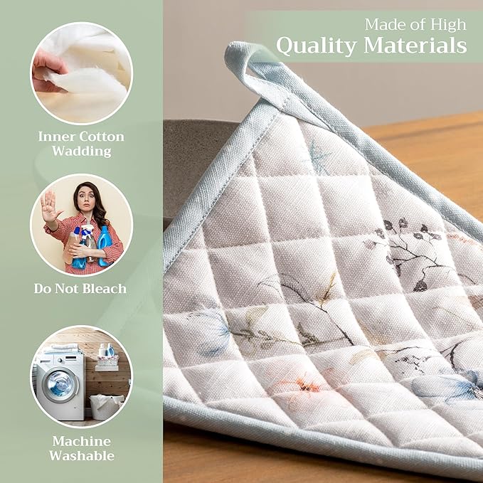 Maison d' Hermine Pot Holders Set 100% Cotton Heat Resistant Potholders 8" x 8" Hot Pads with Loop for Thanksgiving Christmas Decorations BBQ Cooking Baking Handling Hot Pans (Pack of 2, Ice Florals)