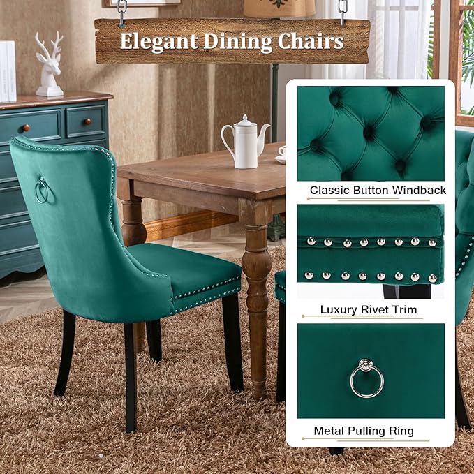 Goujxcy 78.7" Farmhouse Extendable Dining Room Table Set for 4, 5-Piece Rectangle Kitchen Dining Room Table Set with Wood Base and 4 Green Velvet Dining Chairs, Extending Kitchen & Dining Table Set