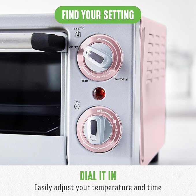GreenLife Countertop Toaster Oven Air Fryer Stainless Steel, Healthy Ceramic Nonstick, PFAS and PFOA-Free, Tray & Basket, Bake, Broil, Reheat, Adjustable Temp & Time Control, Auto Shutoff, Pink