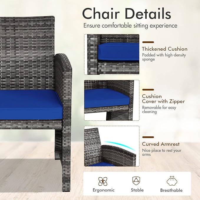 Goplus 4-Piece Rattan Patio Furniture Set, Outdoor Wicker Conversation Sofa with Weather Resistant Cushions and Tempered Glass Tabletop for Lawn Backyard Pool Garden (Blue)