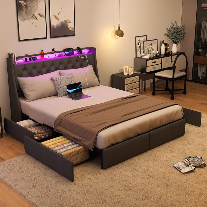 SADENICEL Queen Bed Frame with Storage Headboard, Metal Platform Bed Frame Queen Size with 4 Drawer, LED Light, Charging Station, No Box Spring Needed, Noise Free, Easy Assembly, Grey