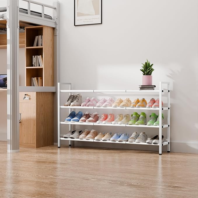 Bumusty 4-Tier Long Expandable Shoe Rack for Closet, 18"-44" Adjustable Shoe Rack for Entryway, 20-24 Pairs Large Shoe Organizer Shelf Storage, Sturdy Metal, White