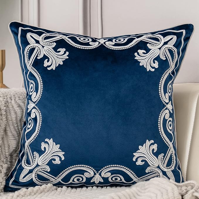 Aeckself European Floral Pillow Cover 20x20 Inch, Luxury Velvet Embroidered Decorative Throw Pillow Cover for Couch Bedroom Living Room, Navy Blue and White