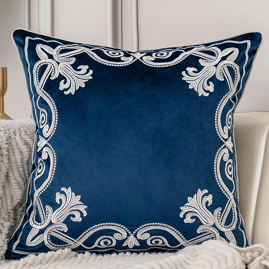 Aeckself European Floral Pillow Cover 16x16 Inch, Luxury Velvet Embroidered Decorative Throw Pillow Cover for Couch Bedroom Living Room, Navy Blue and White