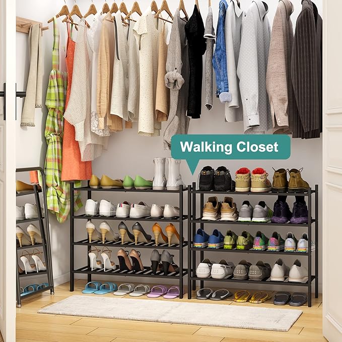 4-Tier Black Bamboo Shoe Rack for Entryway, Stackable | Foldable | Natural, Shoe Organizer for Hallway Closet, Free Standing Shoe Racks for Indoor Outdoor