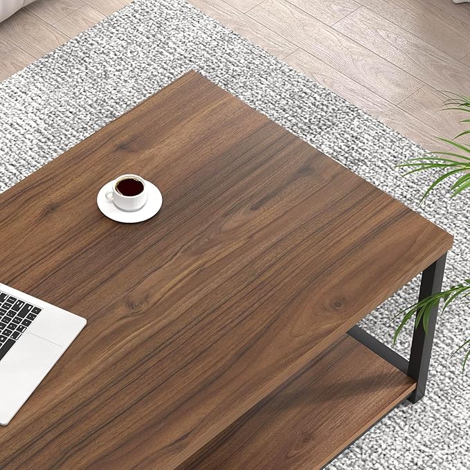 FOLUBAN Modern Coffee Table, Wood and Metal Center Table with Storage, Industrial Cocktail Table for Living Room, Rustic Walnut, 47 Inch