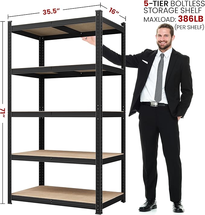 Yaheetech Standing Shelf Units, 5 Tier Storage Shelf, Heavy Duty Shelving, Adjustable Garage Shelves, Utility Rack Shelf Unit, Basement Warehouse Shed, 35.5" Wx 16" D x 71" H - Black