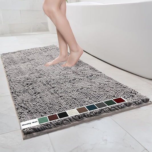 Muddy Mat Chenille Bathroom Rugs Quick Dry Microfiber Mats Non Slip Washable, Extra Thick, Soft and Highly Absorbent Bath Mats for Bathroom, Kitchen, and Shower Floor - Grey XL 59"X35"