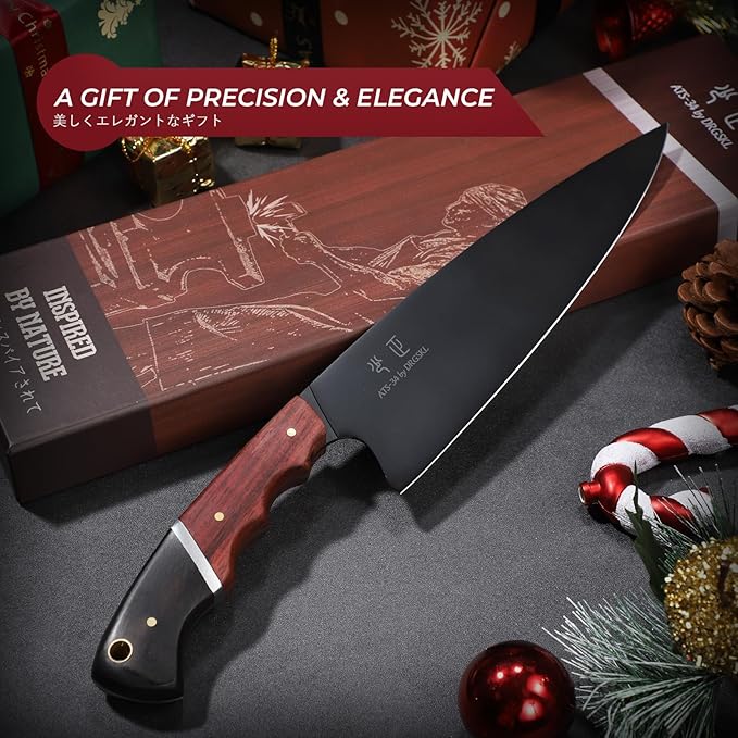 Japanese Chef Knife 8 Inch - Kitchen Knife Forged from a Single Piece of High Carbon ATS-34 Steel, Full-Tang Cooking Knife with Walnut Handle for Meat and Vegetables, Ideal Gift