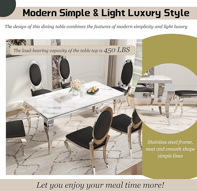 7-Piece Dining Table Set for 6, Faux Marble Modern Dining Table Set with 6 Big Oval Backrest Chairs, 70“ Stainless Steel Legs Table & Chair Set for Kitchen, Dining Room, Black & Silver