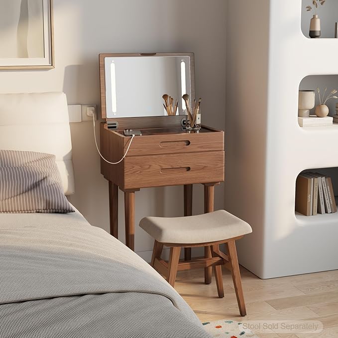 Solid Wood Small Vanity Desk with Mirror and Lights, Narrow Makeup Vanity for Small Space, Flip Top Vanity Side Table, 3 Color Modes & Adjustable Brightness, 19.6" Slim Dressing Table, Walnut