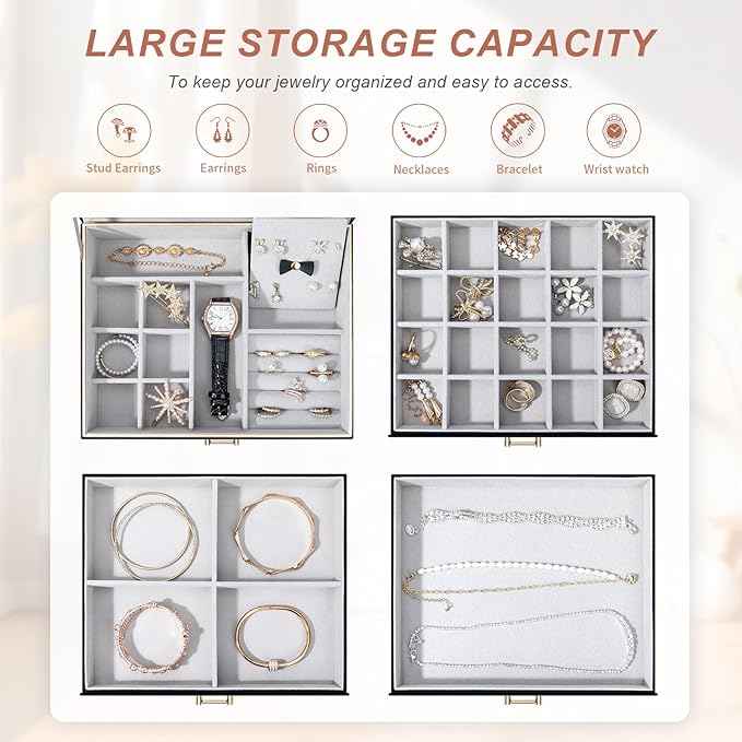 Jewelry Box，4-Layer Large Jewelry Organizers for Women with 3 Drawers,Storage Modern Style Jewelry Boxes Storage of Earrings Rings Bracelets Necklace（Black）